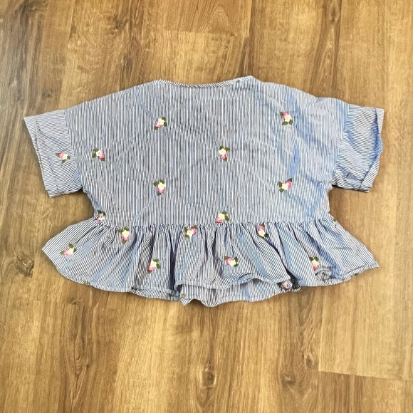 Zara Basic Blue & White Striped Shirt Embroidered Flowers Sz XS - Picture 4 of 5